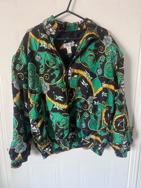 BOGARI Printed Quilted Jacket in Green, Black & Gold Chain Motif 100% silk